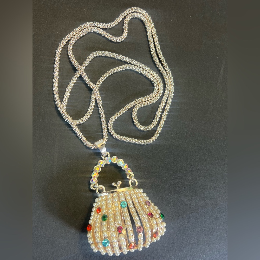 New Faux Pearl & Multicolor Rhinestone Evening Bag Necklace in Rose Gold - Picture 6 of 11